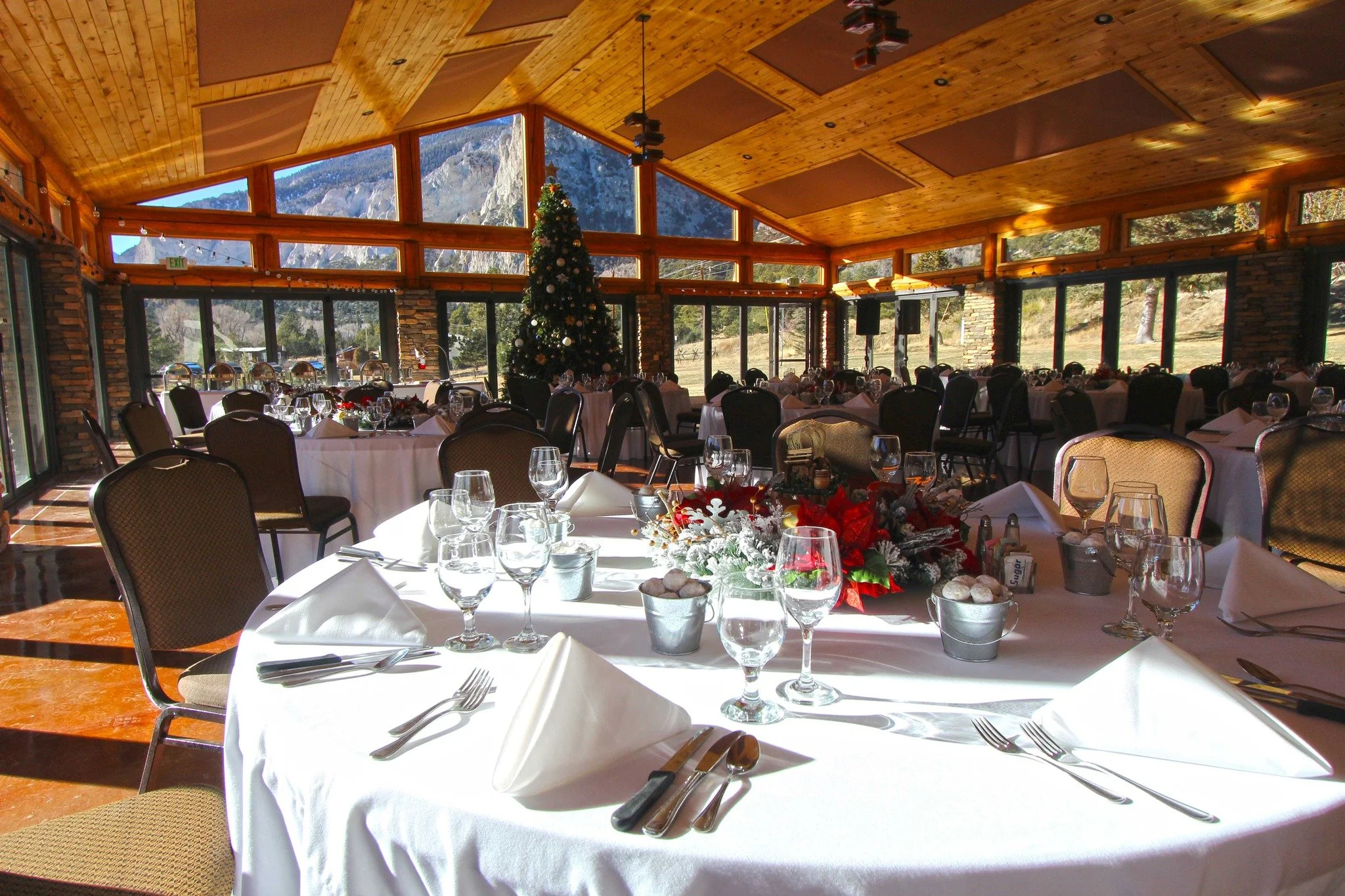 The view from a seat at a round table during a holiday event at The Pavilion event space at Mt Princeton Hot Springs.