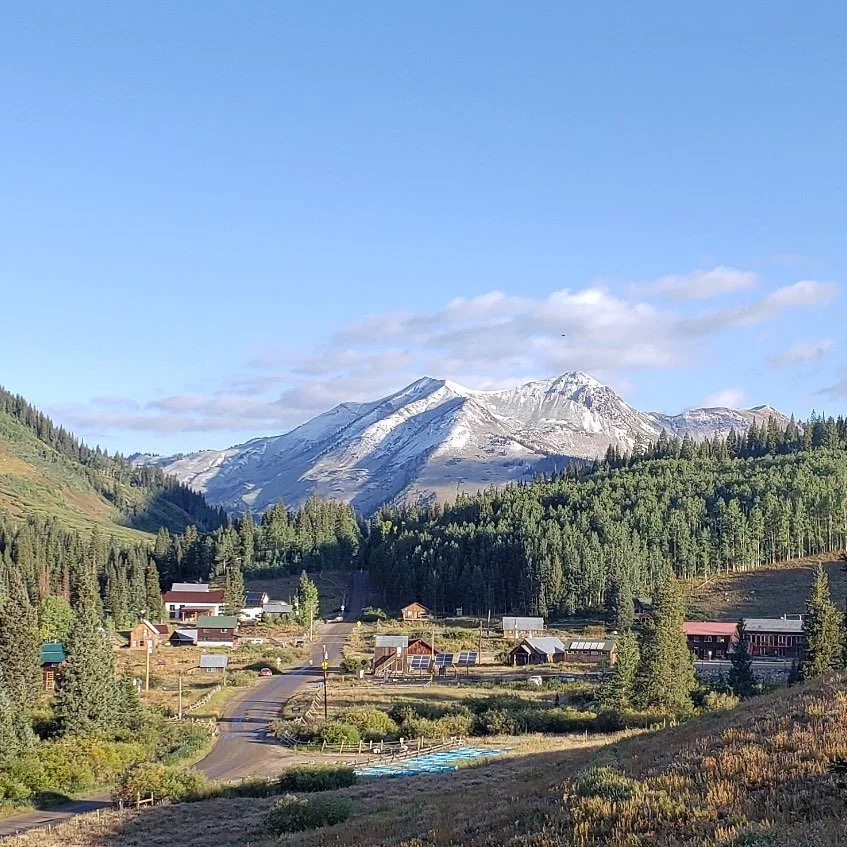 The view of the various areas of the Rocky Mountain Biological Laboratory in Crested Butte, surrounded by trees and snow-dusted mountains.