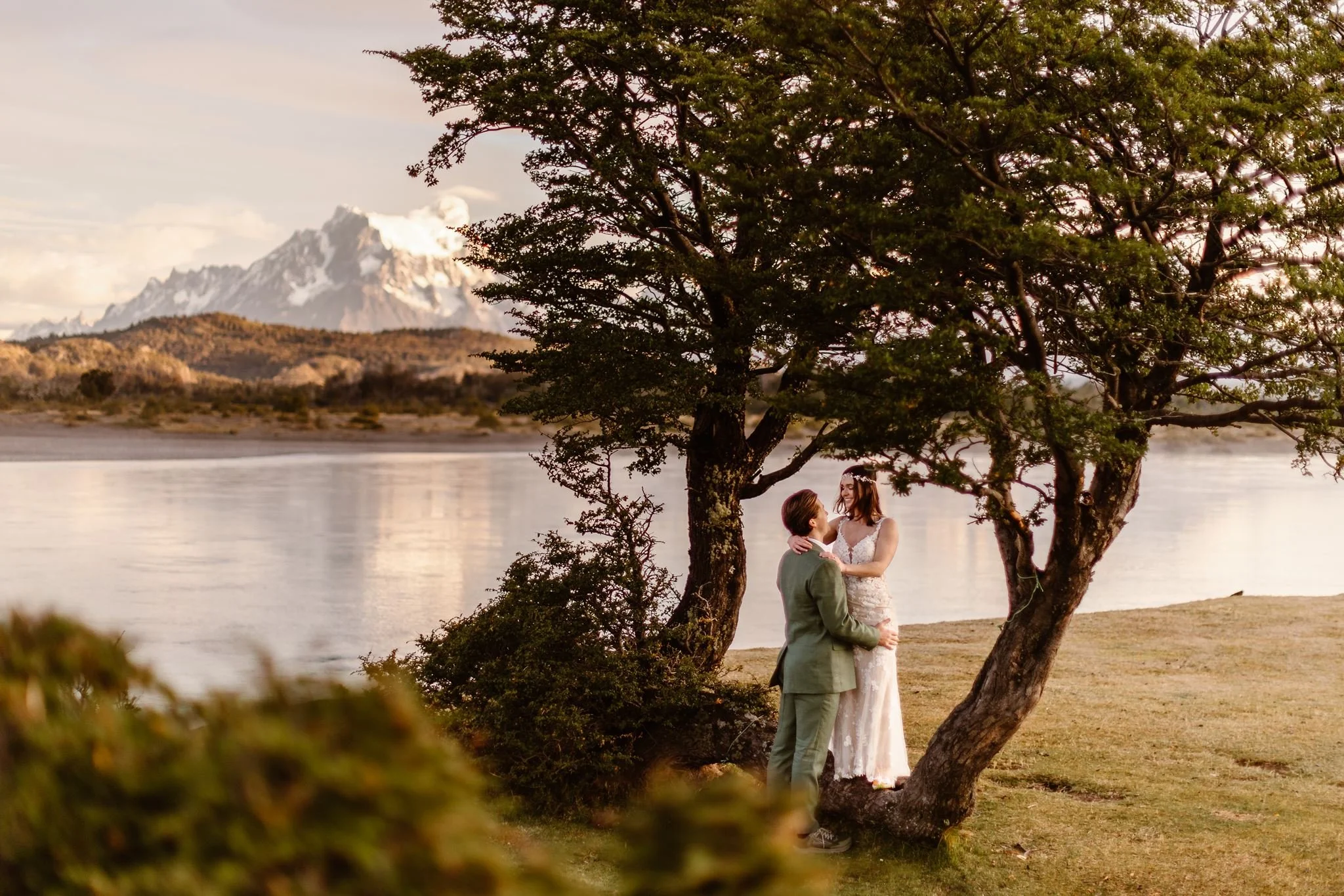 Standing on the base of a two trunk tree, the bride stands on the connecting trunk that rest on the ground, and the groom holds her hips as the sun glows on them from the right and the mountains watch to the left.