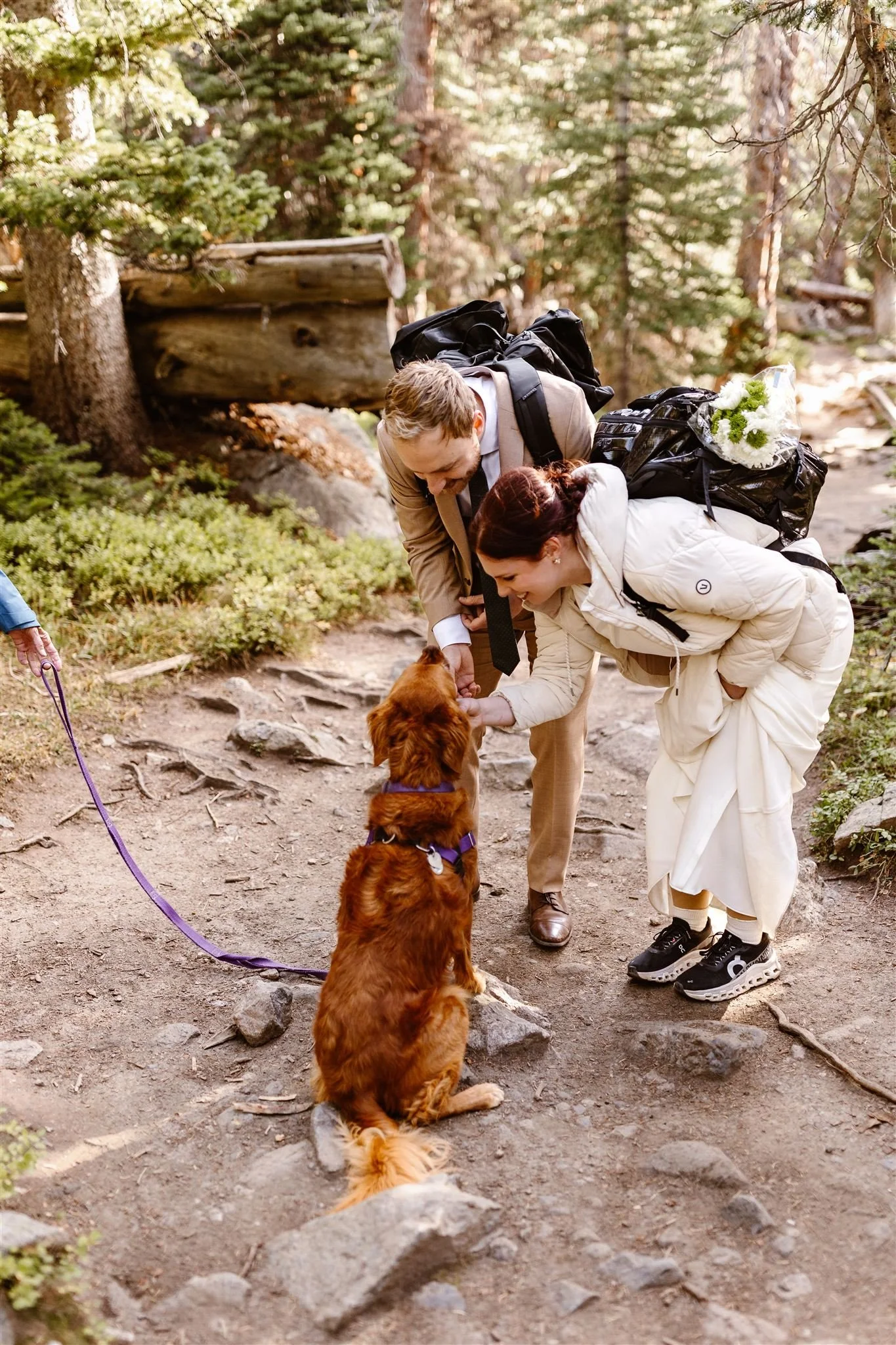While hiking back in their suit and wedding dress, the newlyweds stop to pet a golden retriever who wanted to say hello. Their both petting the dog's chin while smiling happily at this wonderful surprise.