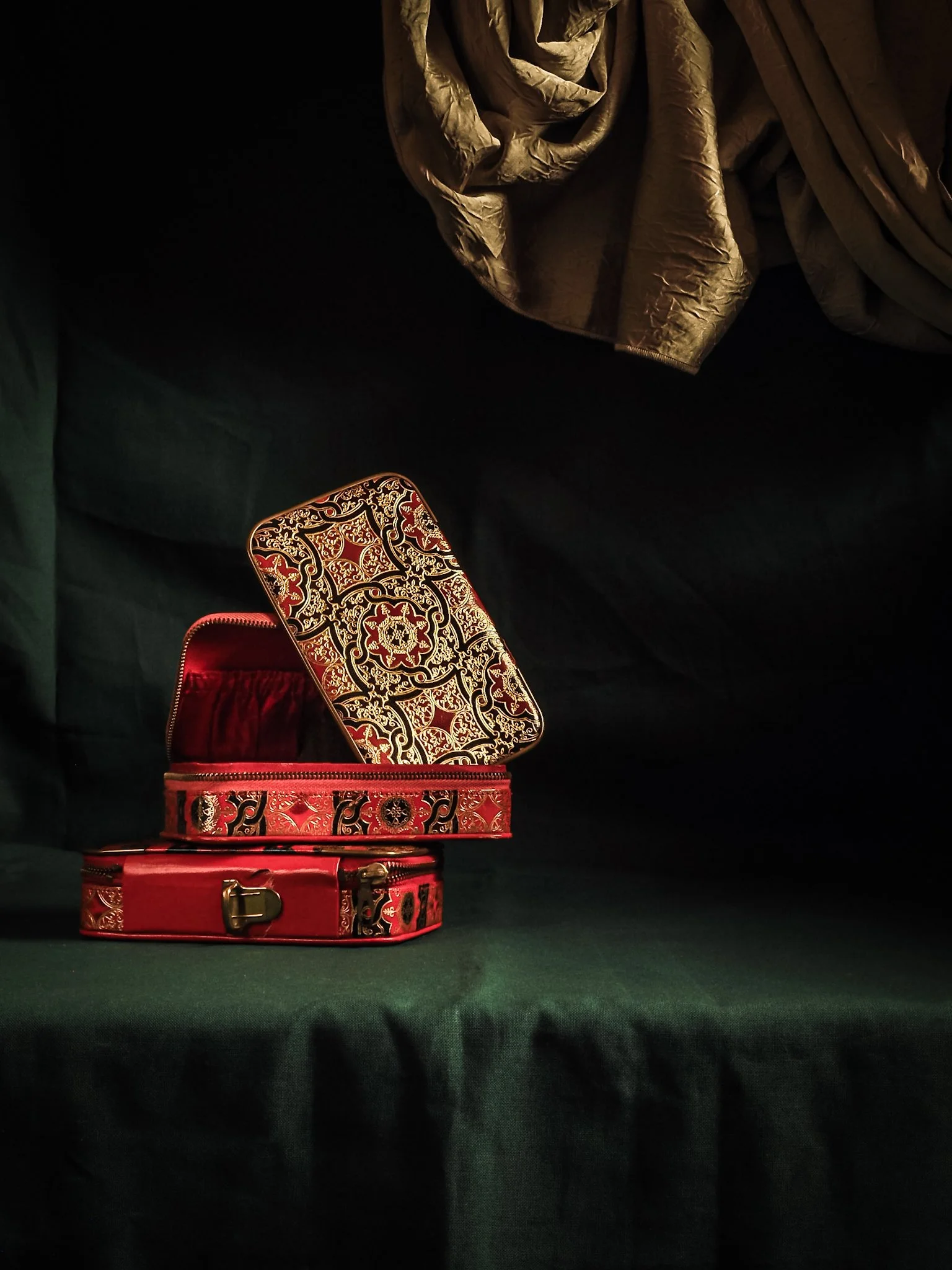 Still-Life Study with Old Jewelry Boxes and Fabric