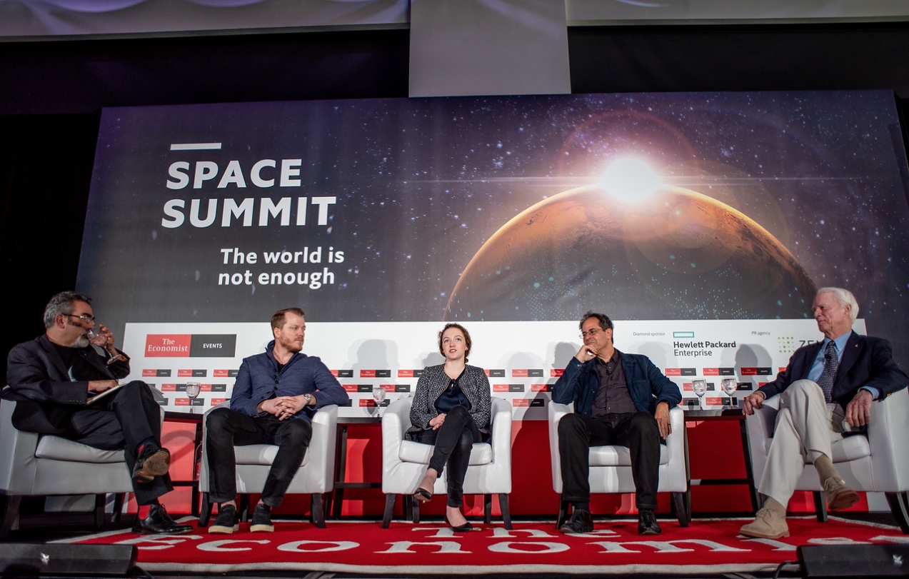 Economist Magazine panel hosted by Oliver Morton (left) in November 2018, NYC