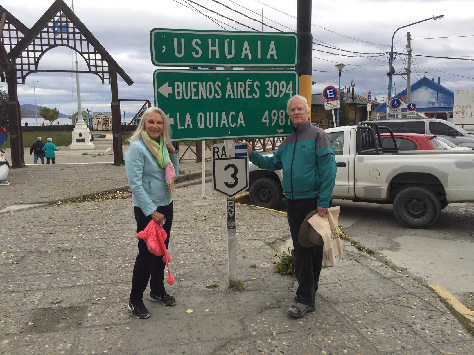 Rams & I in Ushuaia, Argentina about to board a cruise ship to visit Cape Horn & environs. Great trip!