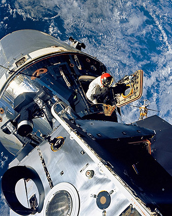 the famous A9 shot I took of Dave during my EVA... this was just prior to me heading up the handrail (foreground) to demonstrate EVA transfer LM>CM... when Dave's (Maurer) movie camera failed and I got my "unemployed" 5 minutes...