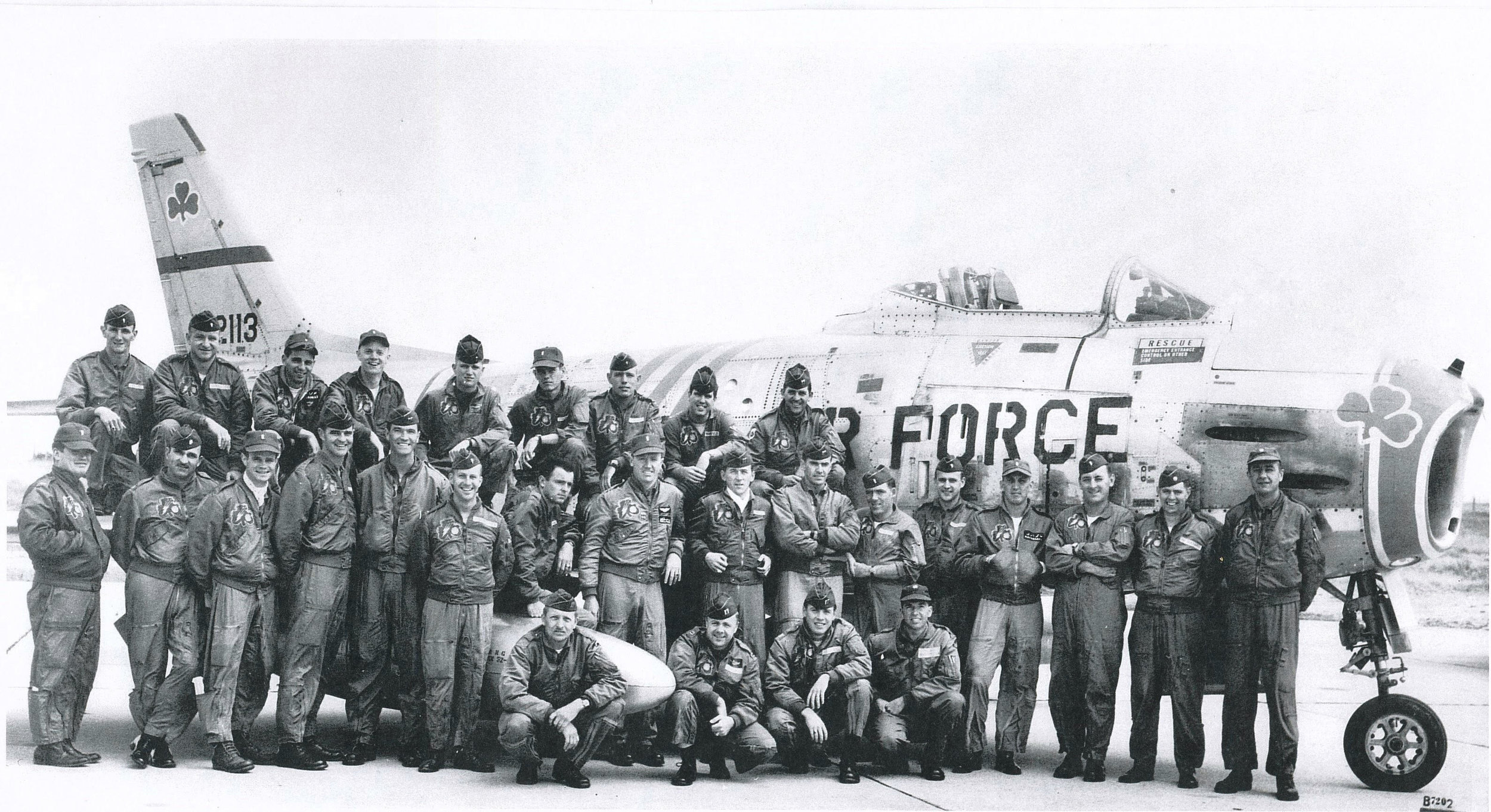 Here's a pic of my old 101 Tac Fighter Squadron from the Mass Air Guard back in 1961-2. We were activated by Pres JFK when Mr. K put up the Berlin Wall... and deployed to Phalsbourg Air Base in eastern France. Our F-86H (best fighter plane... ever!) and our flight jackets display the shamrock... and we were widely known (mainly by us) as The Irish Air Force. I'm 5th from the left on the upper row. Many, many memories!!