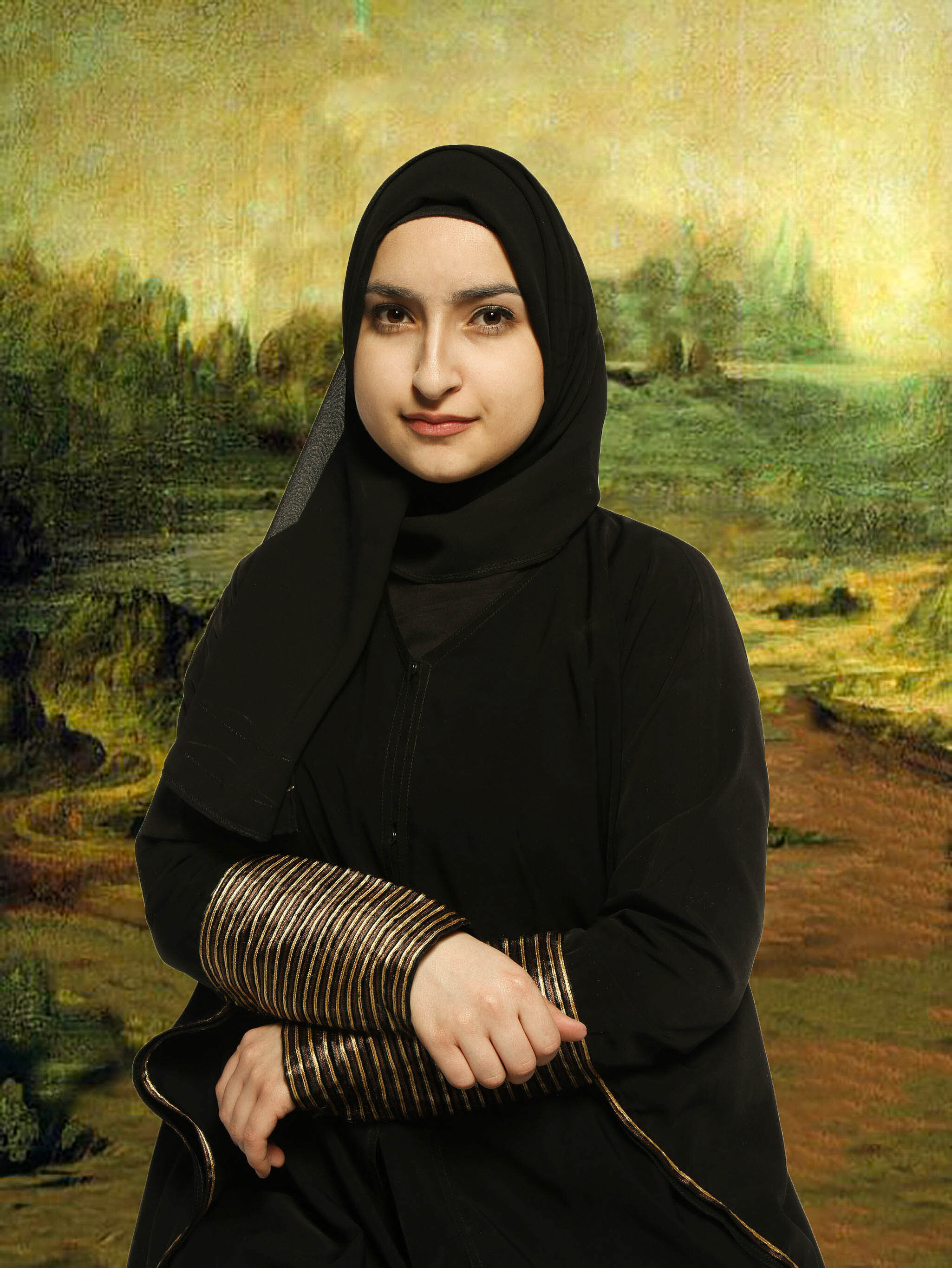 A woman dressed as Mona Lisa wearing a hijab.