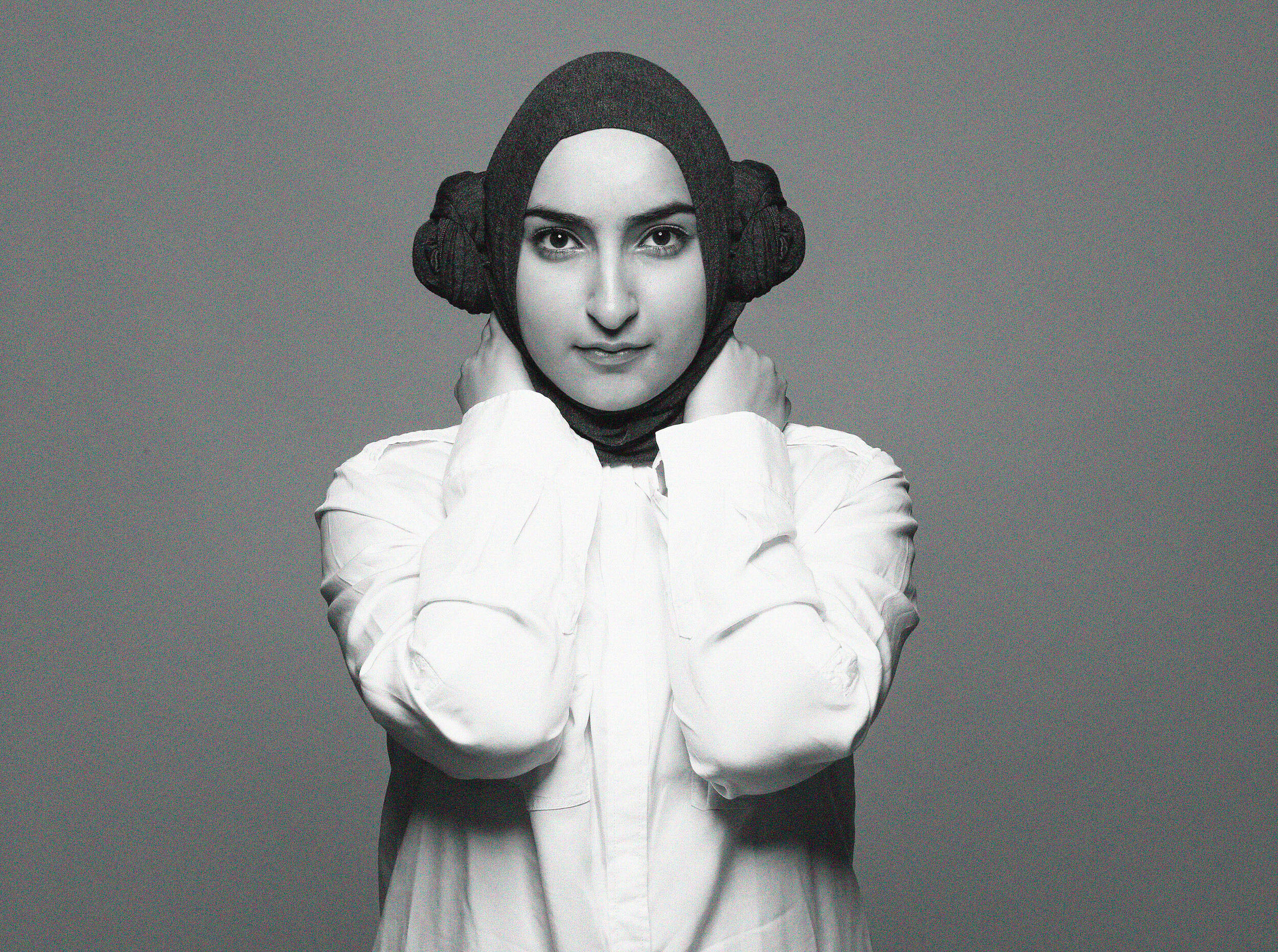 A woman dressed as Princess Leia wearing a hijab.