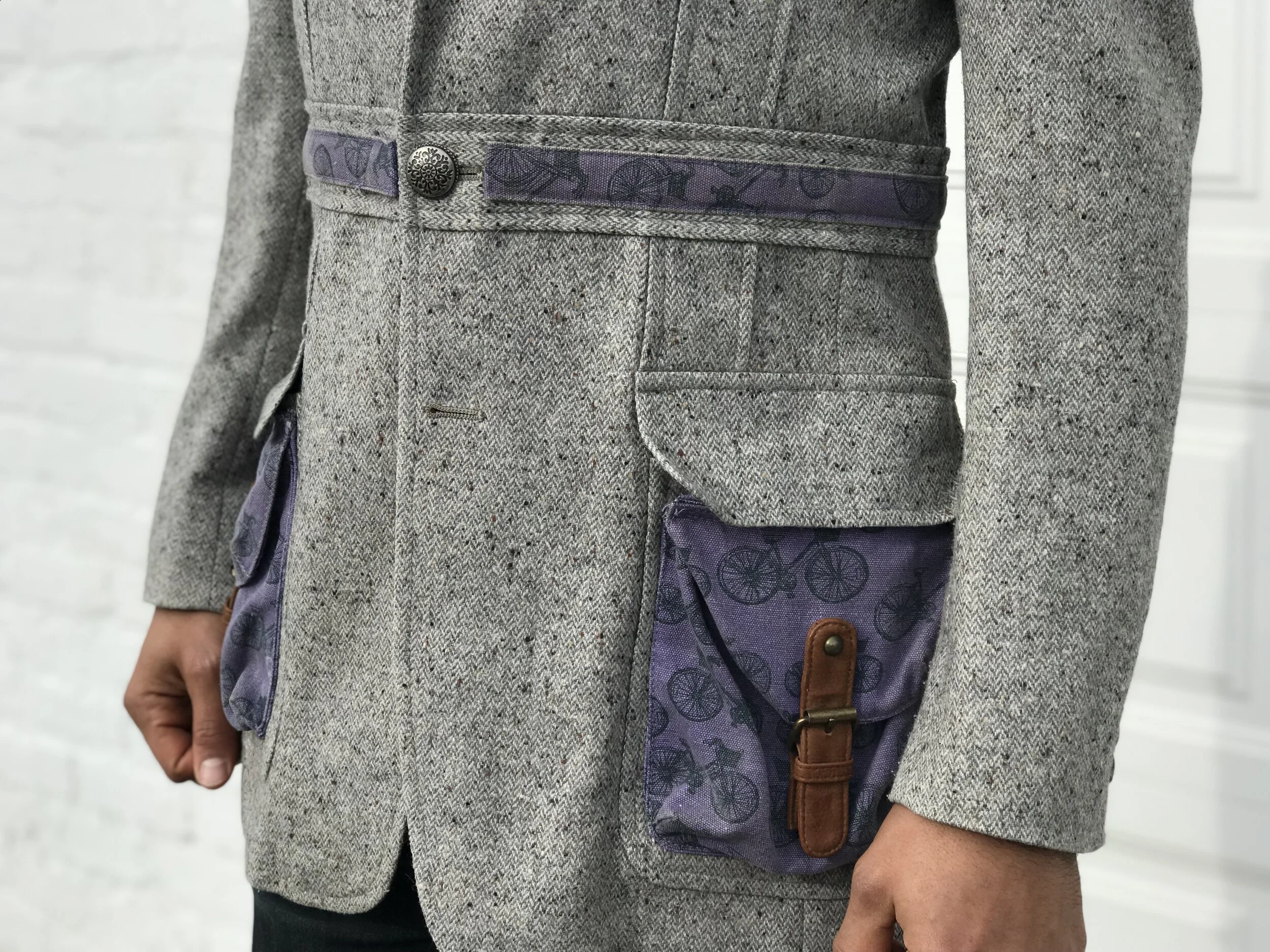 DapperLoveSoul upcycled jacket with bicycle print pockets and belt