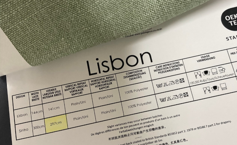 A reference table at the back of a fabric sample book
