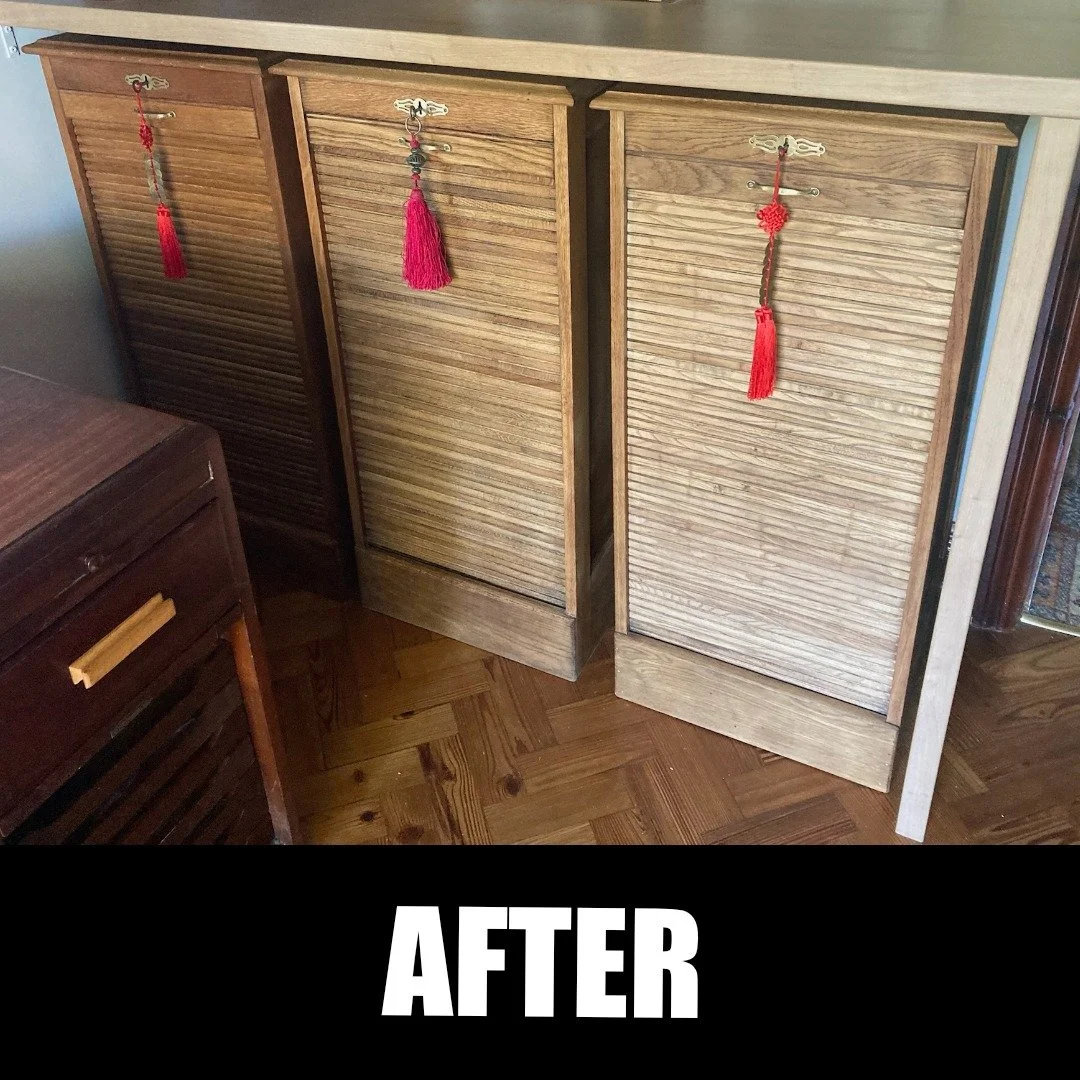 How about these tambour units for a unique storage solution? 

My lovely Stockton Heath client had started to strip off the varnish from one unit and soon called me for backup! I used their work as my guide to restore the units' natural beauty. I rem