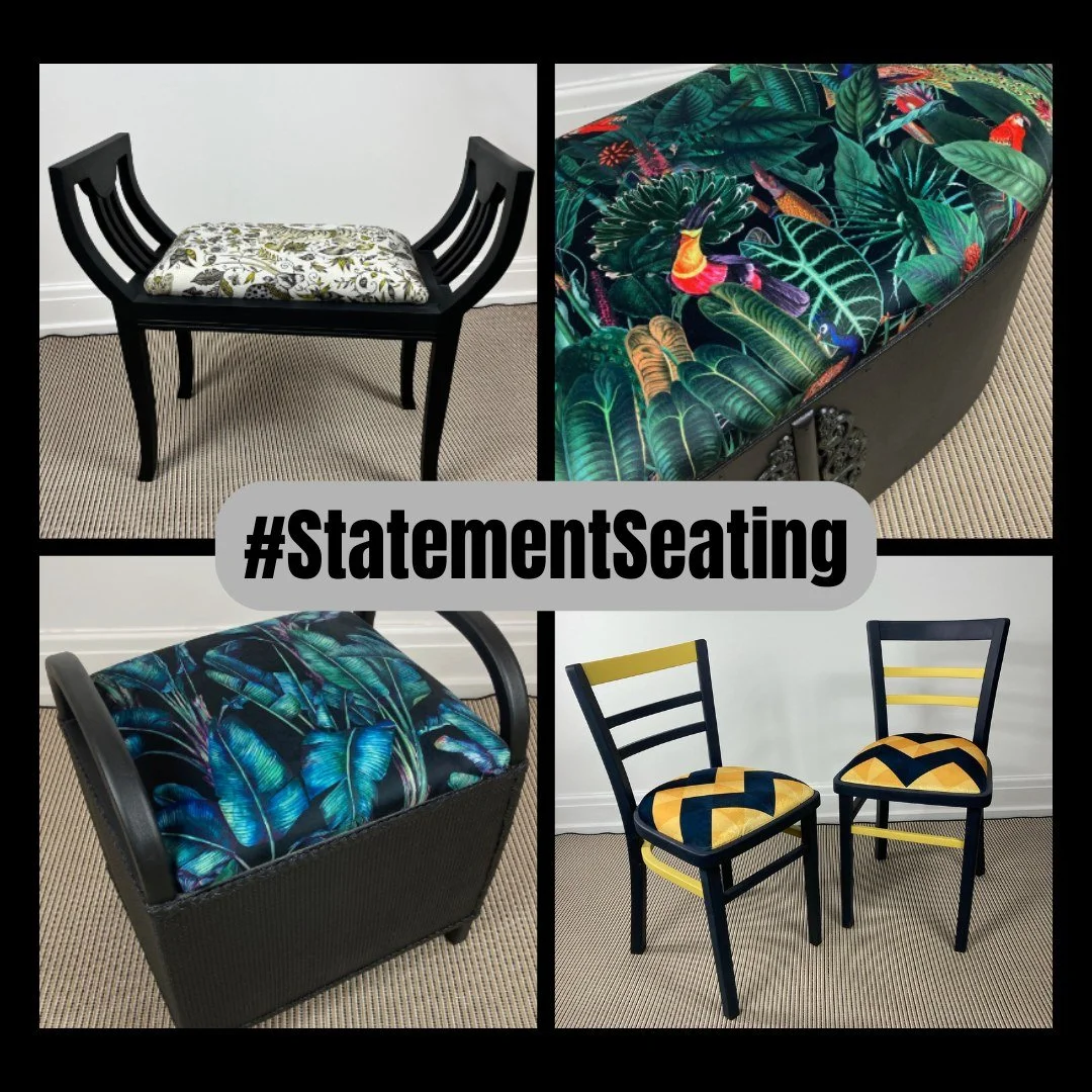 Looking for unique, unusual statement seating for your home?

Check out these gorgeous pieces, all for sale in my online shop (link in bio). 
- A pair of mid-century chairs with velvet geometric fabric (designed by me!)
- Lloyd Loom storage seat with