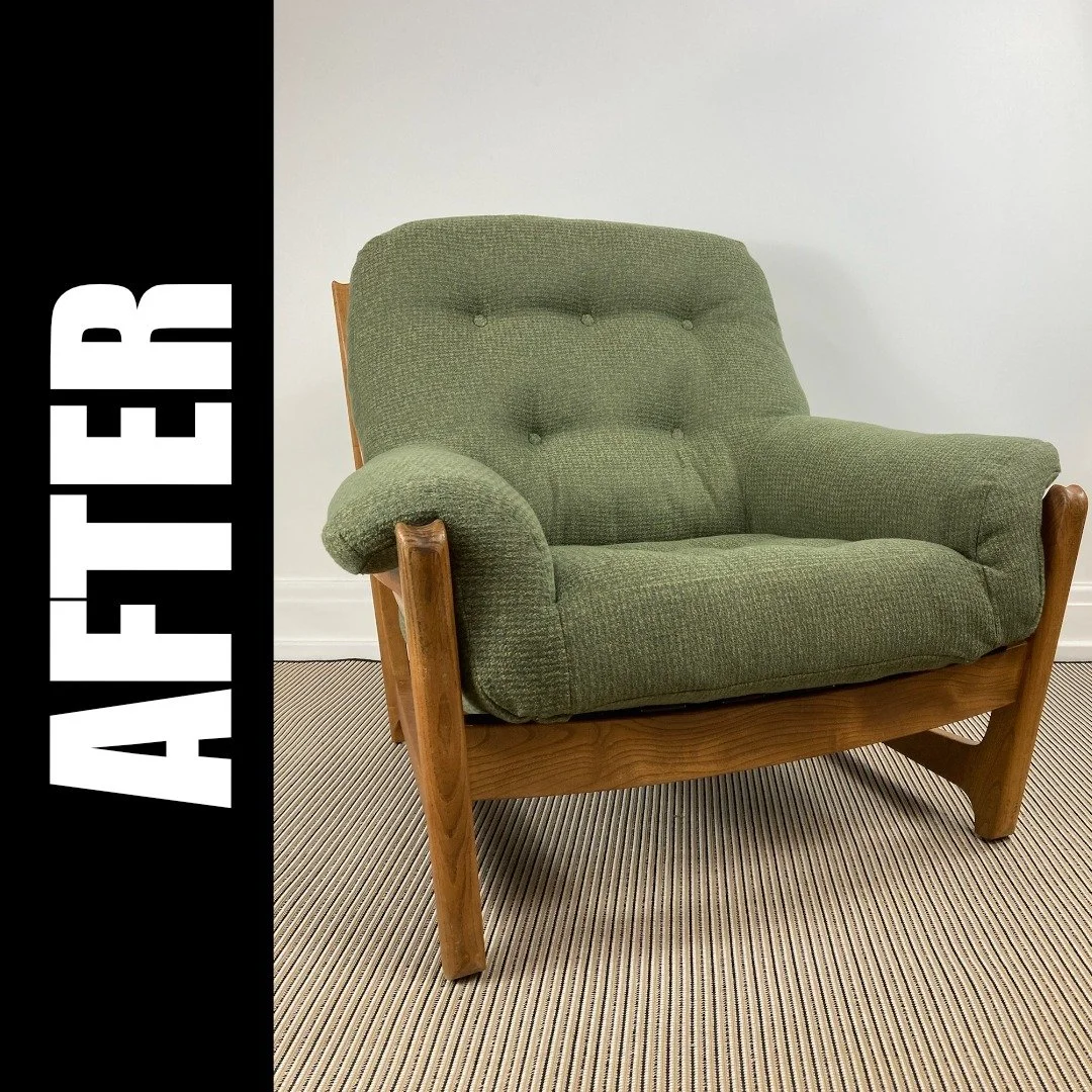 This beautiful mid-century Wychwood Ercol chair was a jigsaw puzzle of a sewing project. Now it not only looks fabulous, it is super comfy to sit in!

In line with my client's brief, I used as much of the existing upholstery inner as possible, adding