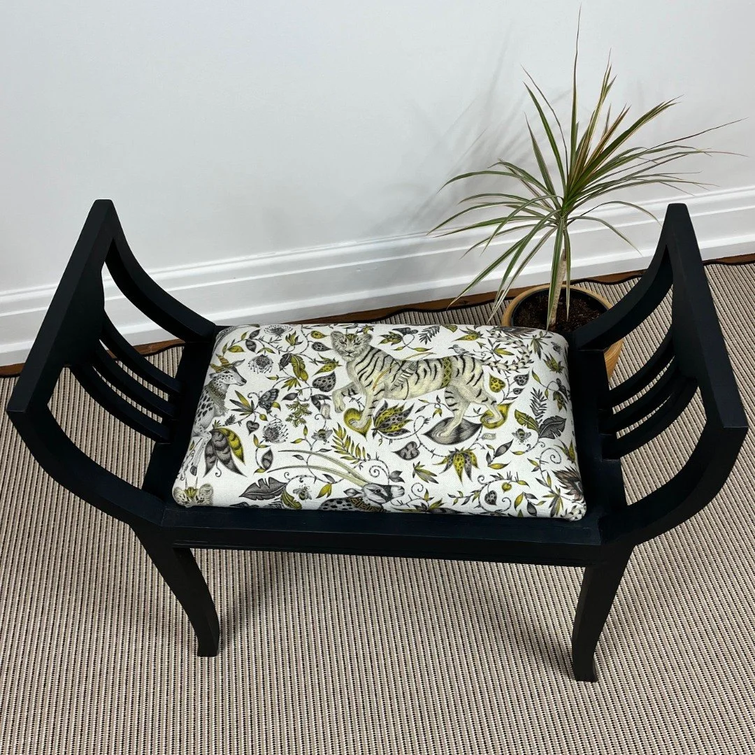 *For Sale* - Multi-purpose wooden stool with upholstered seat in a gorgeous @emmajshipley linen fabric.

Originally used for placing and packing luggage, the stool now lends itself to a variety of home settings, including the music room, bedroom or h