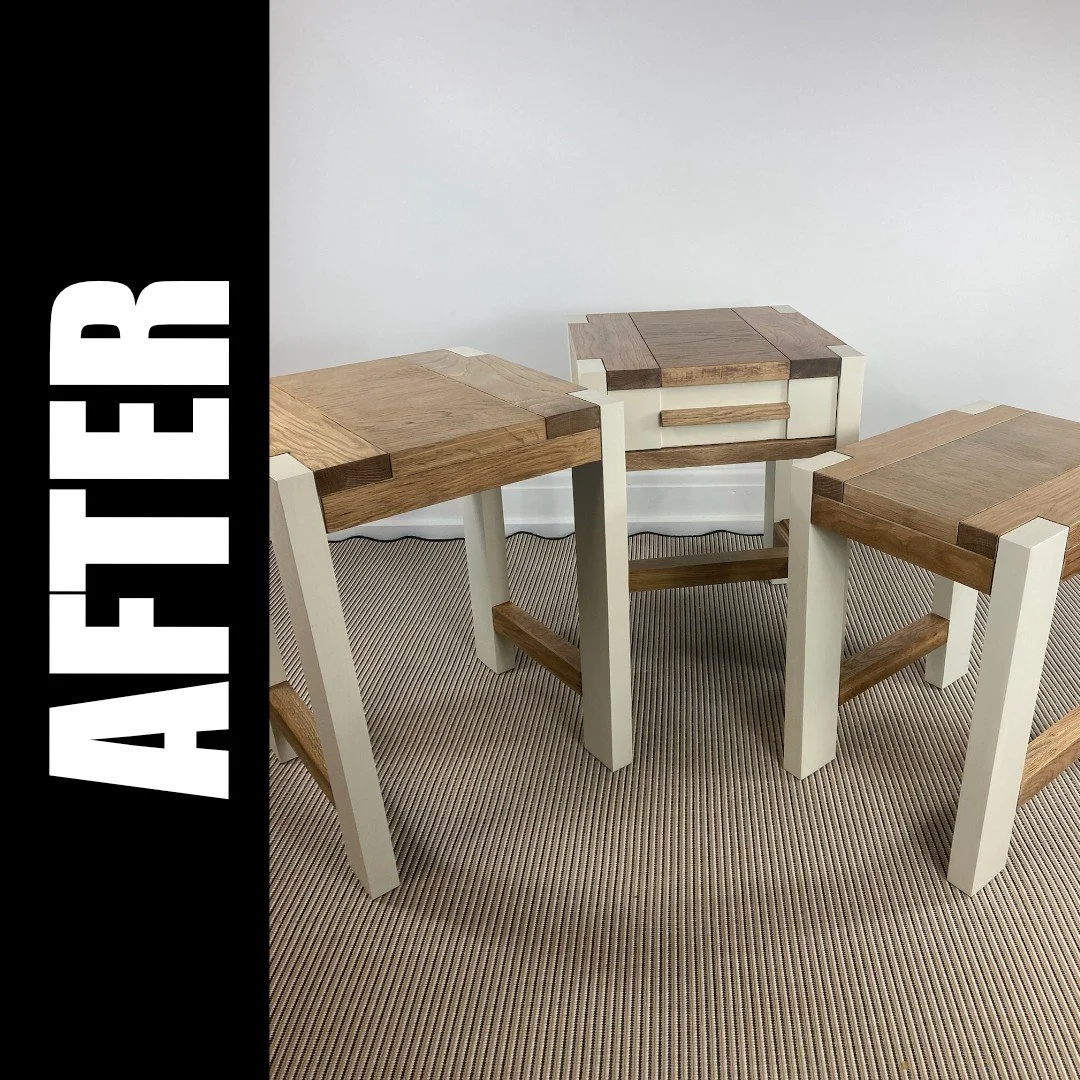 From dark and dated to light and modern

This is a quality nest of tables. There was absolutely nothing wrong with them except the dark wood no longer matched my client's home decor. She knew it was more sustainable to keep and revamp than skip them.