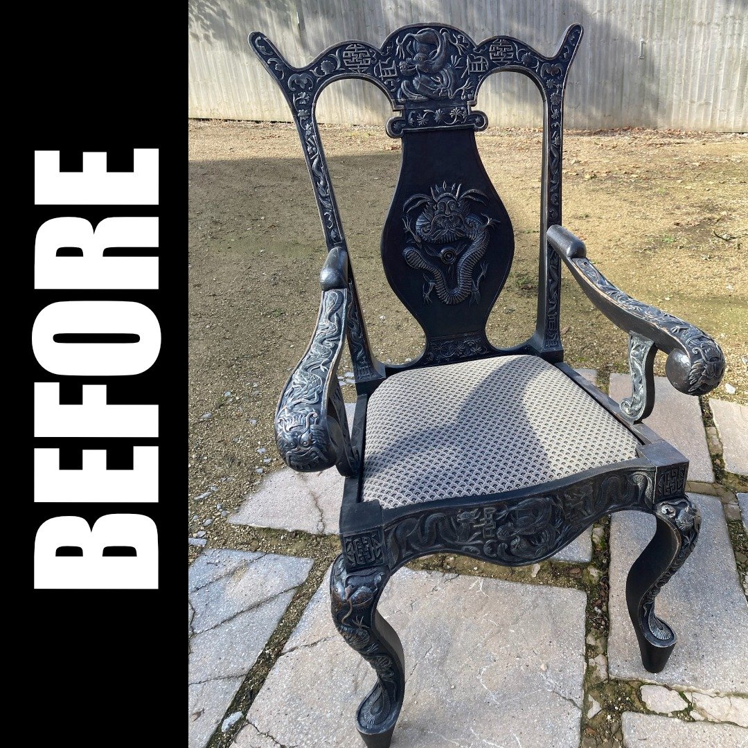 Patience and tenacity gets results.

I had never seen a chair like this before. The intricate carvings on every surface were impressive. 

My client wanted to completely change the look. The chair was too dark, the seat uncomfortable, and the fabric 