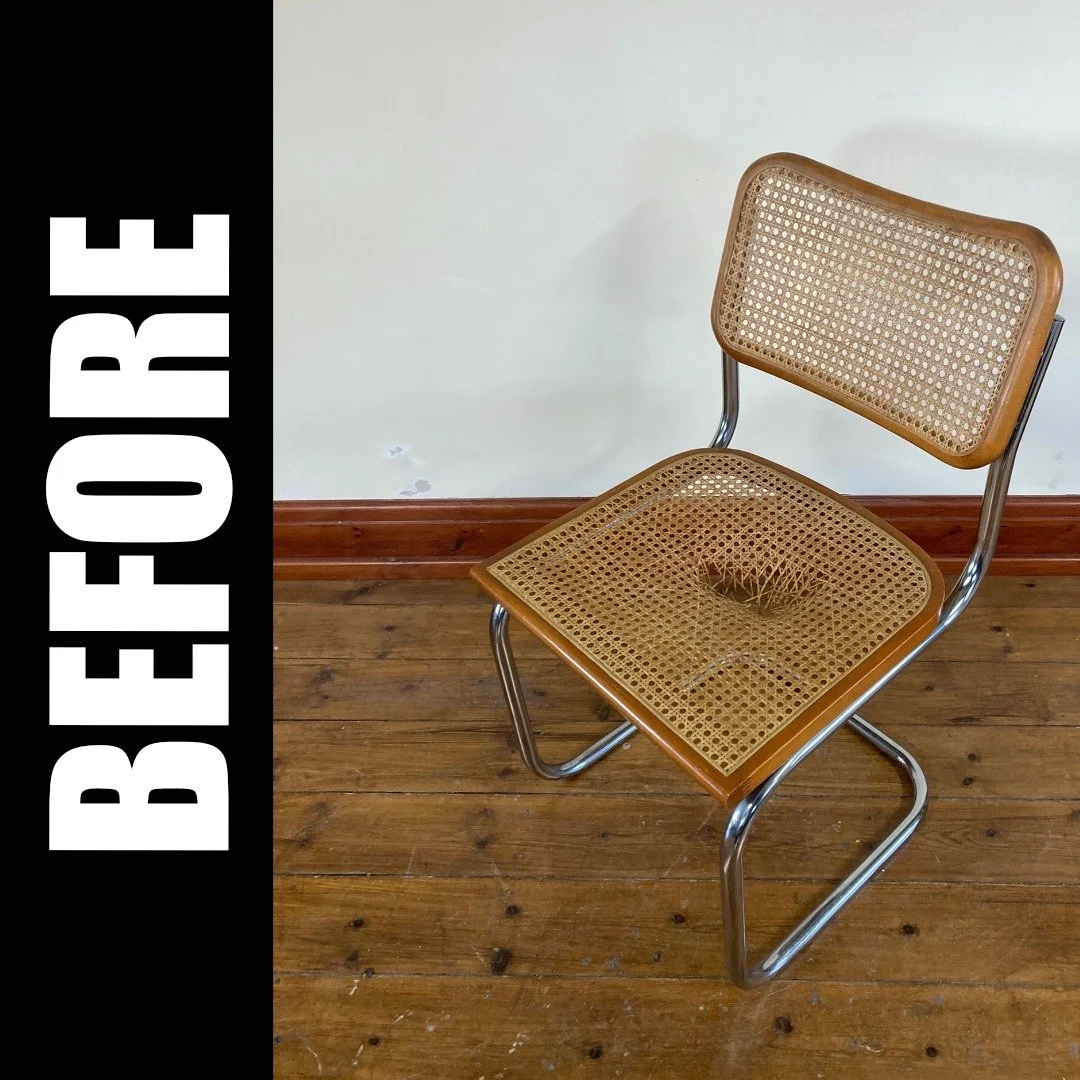 This might look like a simple fix, but it actually took a couple of attempts to get right.

Rattan is a tricky material to work with. It has to be soaked for just long enough before you stretch it over the frame. Then you have to wait patiently for i