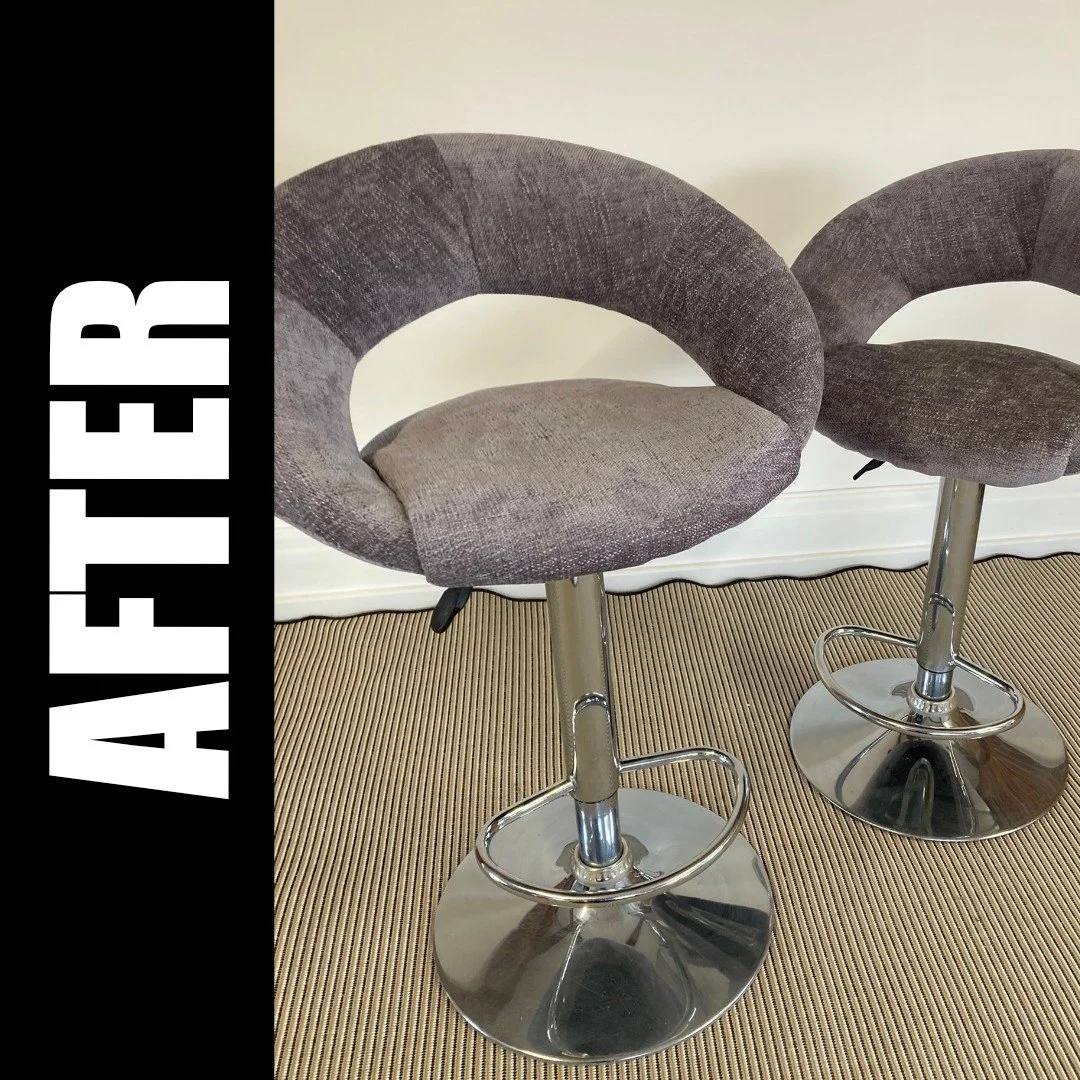 This reupholstery job is proof that you never know what's lurking underneath!

My client had 4 leather bar stools that seemed structurally sound, but the leather upholstery was torn and worn.

I started by stripping off the leather and kept it to use