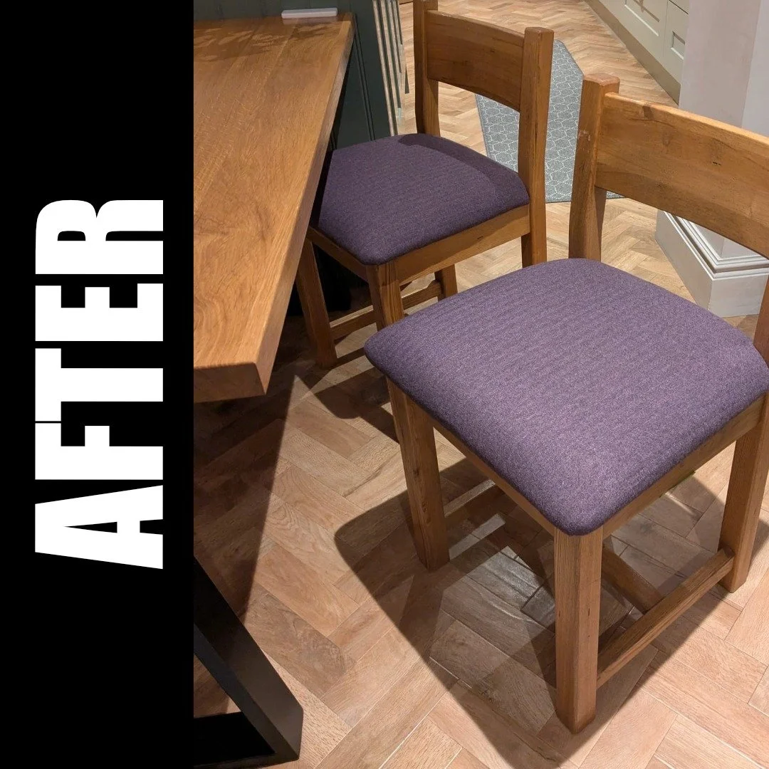 Transformed from worn out brown leather to purple herringbone tweed. 

These beautiful oak dining chairs were in great condition apart from their seat pads. After going through the sample books with my lovely client, they settled on this hard-wearing