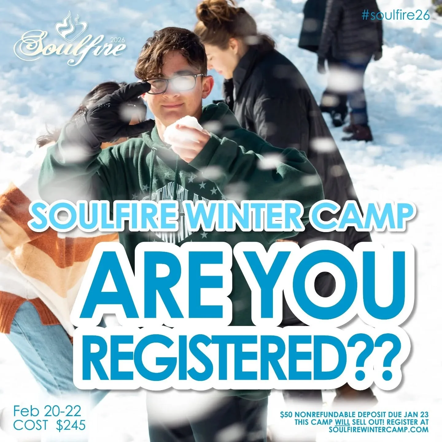 Campers! ARE YOU REGISTERED?? Soulfire Winter Camp 2026 is filling up! Registration is live, so go to soulfirewintercamp.com and get 'er done!

Don't forget, your $50 non-refundable deposit is due by January 23rd!

#soulfire2026 #soulfire26