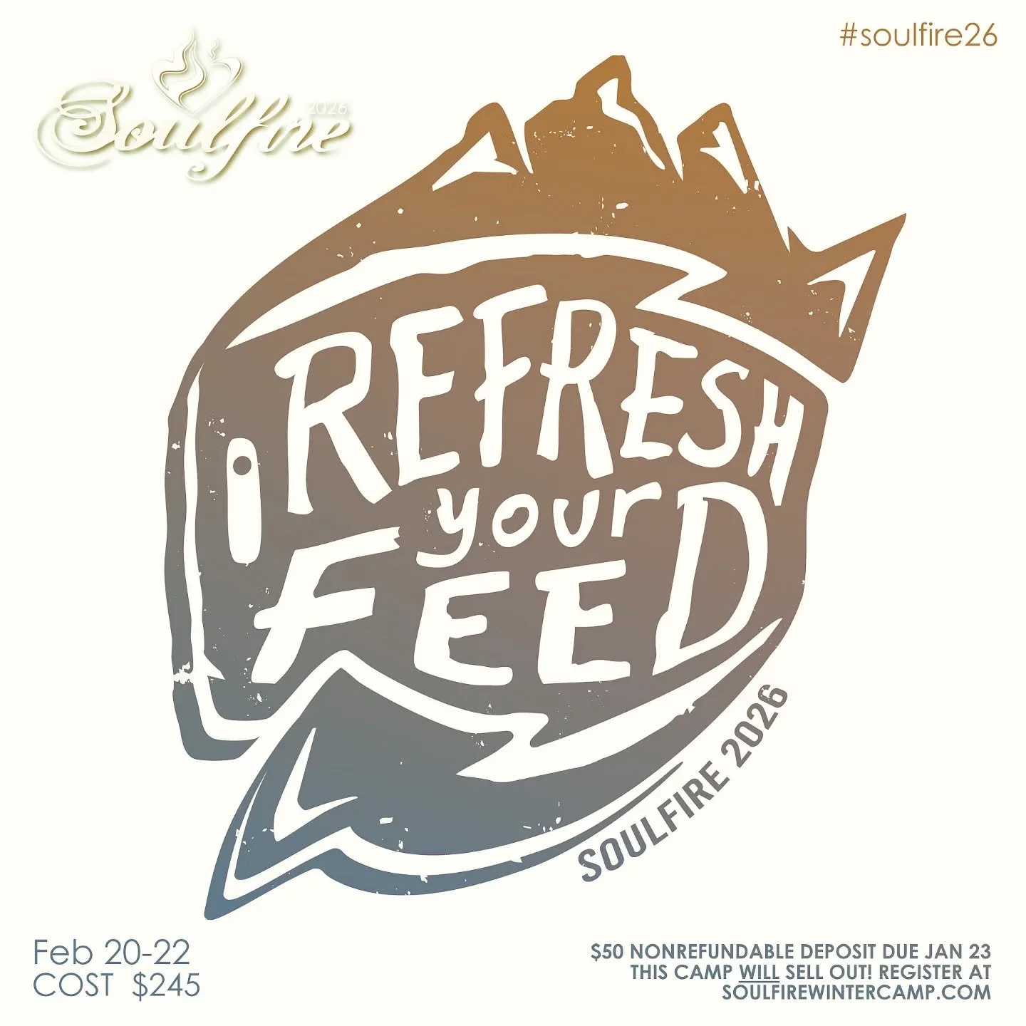 Hey campers! Just a reminder that your non-refundable deposit is due NEXT FRIDAY, Jan 23rd! So hurry and guarantee your spot at Soulfire Winter Camp! 

AND here's a sneak peek into this year's theme: &nbsp;"REFRESH YOUR FEED" -- there's a l
