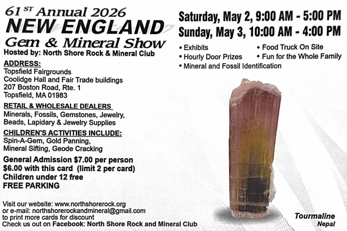 Calling all crystal, mineral, and fossil lovers ✨

We'll be at the 61st Annual New England Gem &amp; Mineral Show this weekend at the Topsfield Fairgrounds!

📍Topsfield Fairgrounds, Topsfield, MA
🗓️ Saturday, May 2 | 9 AM-5 PM
🗓️ Sunday, May 3 | 1