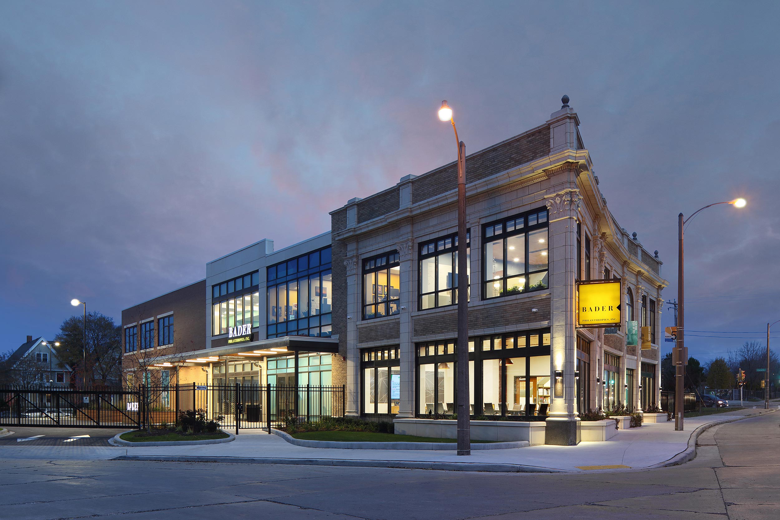 Commercial exterior photograph at dusk