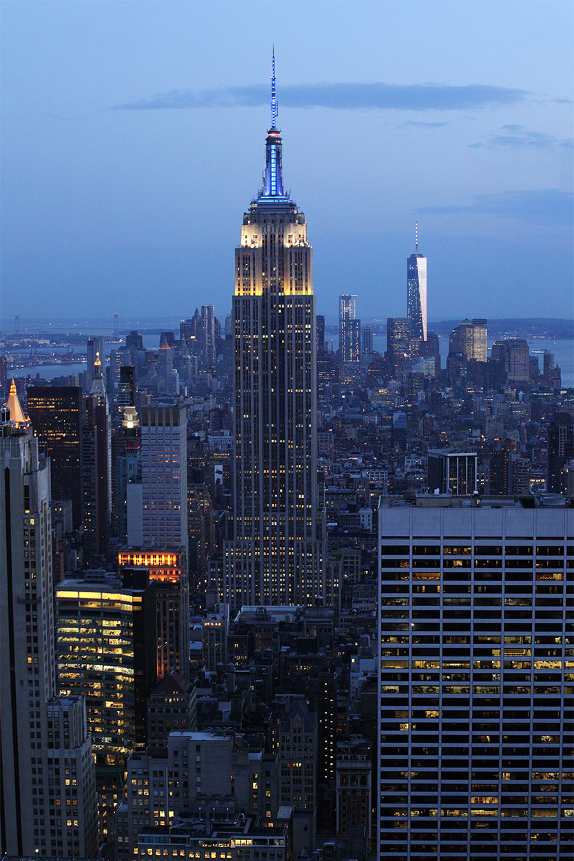 New York city scape at dusk; Empire State Building