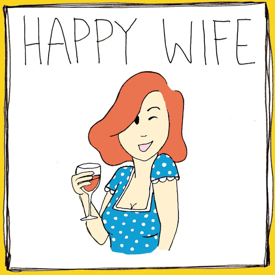 Happy Wife Rose Label: red headed woman with glass of rose
