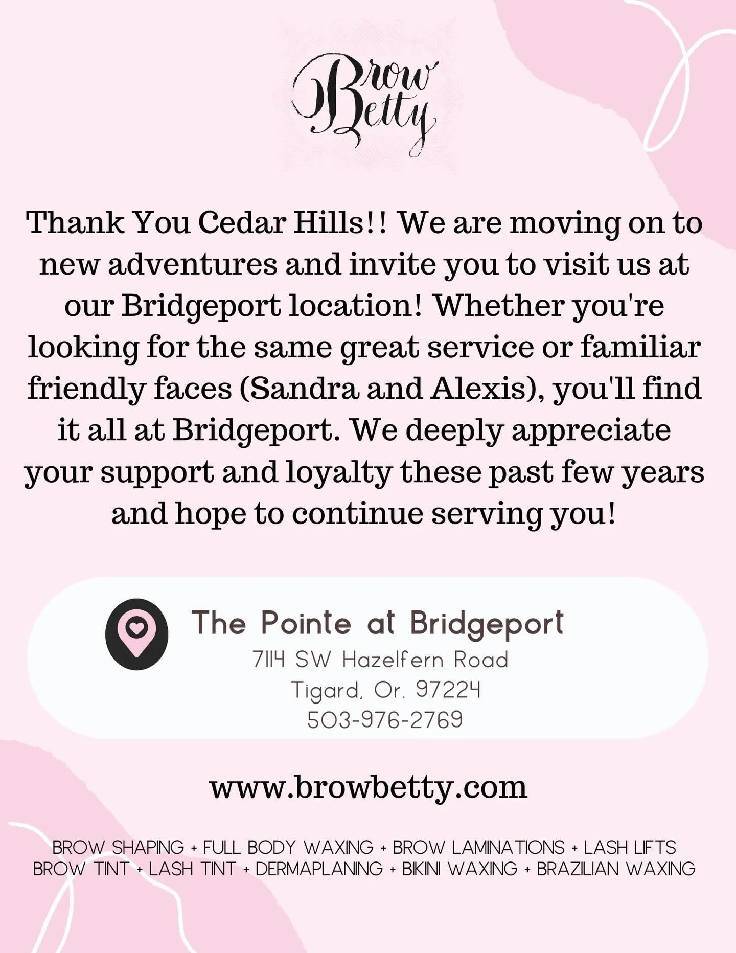 Thank you Cedar Hills!!! 🩷It&rsquo;s been a wild ride out there! Thank you to all our loyal clients and friends who have supported this location the last few years! You will find your favorite estheticians Sandra and Alexis at our Bridgeport locatio