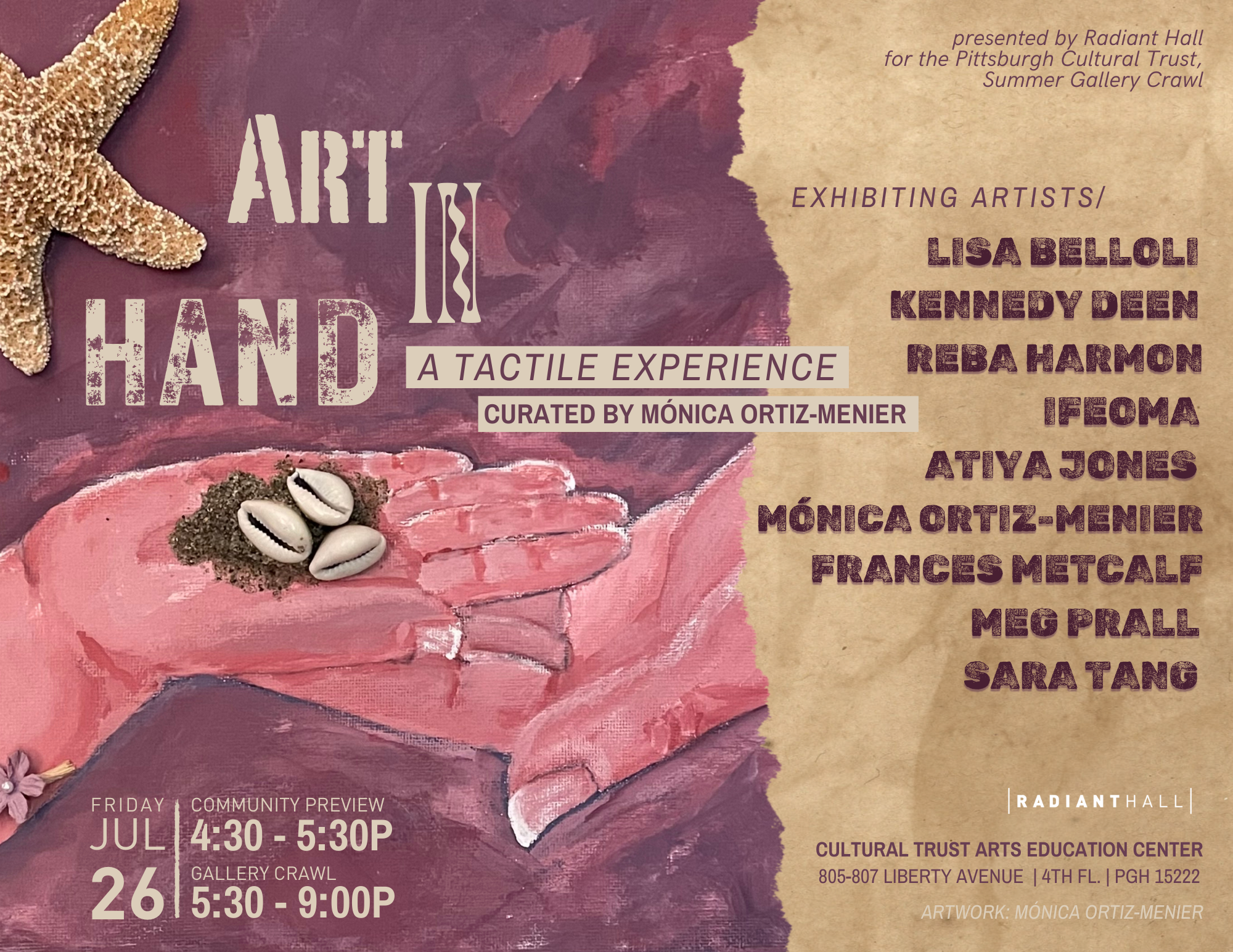 ID: A painting of hand holding shells and sand being passed off or held by a larger hand. A star fish is in the top left hand corner. The background is a muted purple. Bold text of show information.