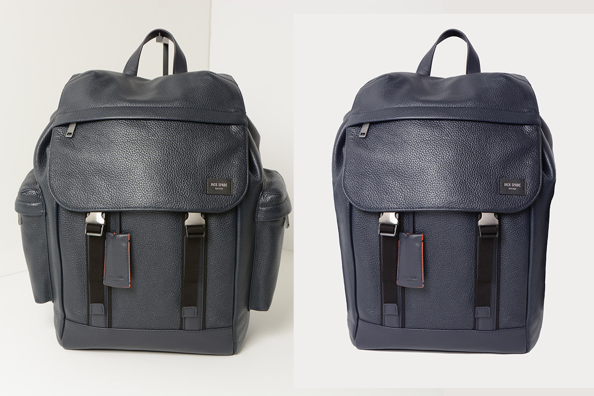 before & after: removed side pockets from bag and color corrected