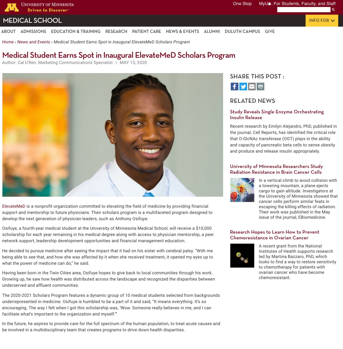 University of Minnesota - ElevateMeD Scholar Anthony Osifuye