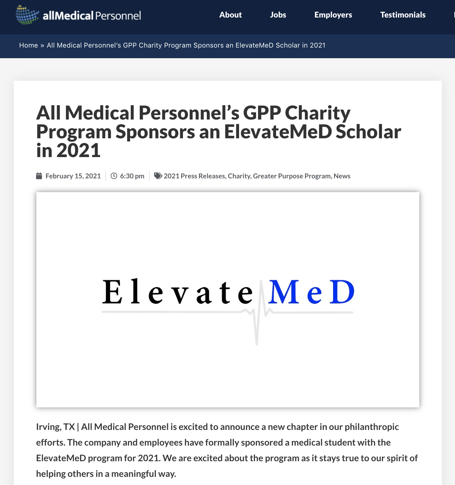 All Medical Personnel’s GPP Charity Program Sponsors an ElevateMeD Scholar [2/15/2021]