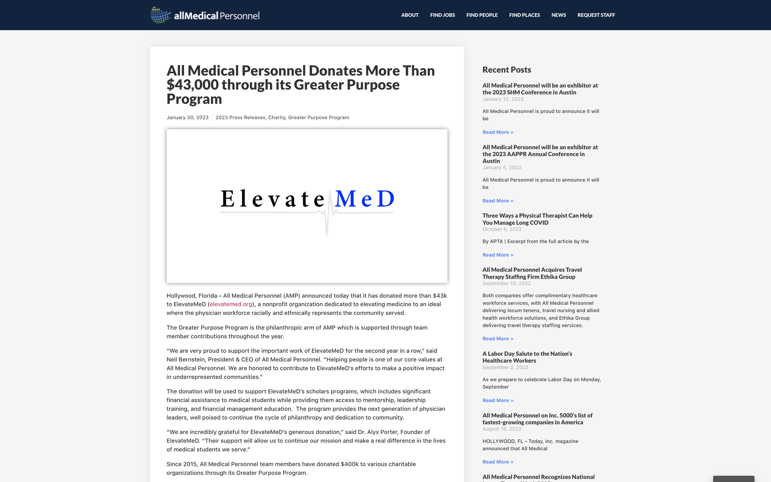 All Medical Personnel Donates More Than $43K to ElevateMeD