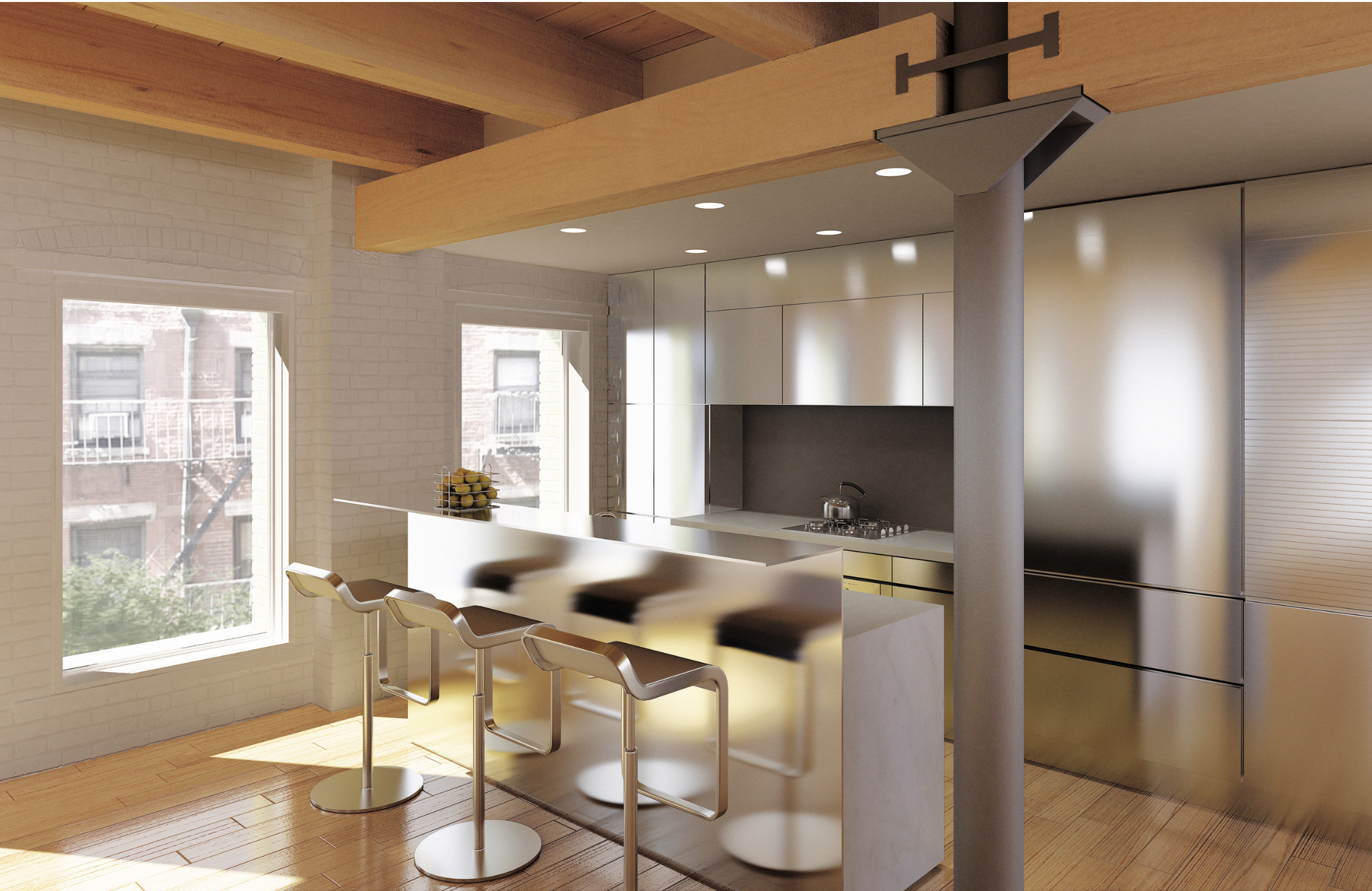Exposed brick walls, painted white, with elegant, minimal windows worked to fill the spaces with warm, bright light.