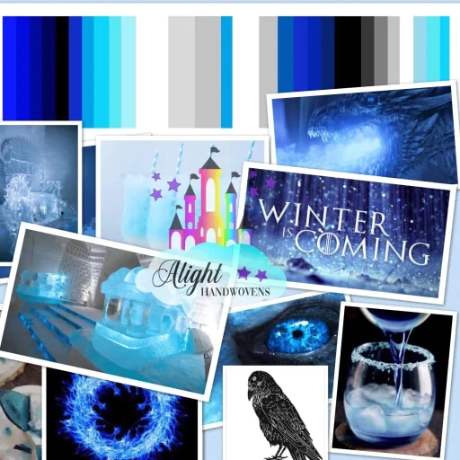 Photo ID: a collage of photos with different shades of blue, white and black. The words “winter is coming is written in white and the Alight Handwovens watermark is in the middle