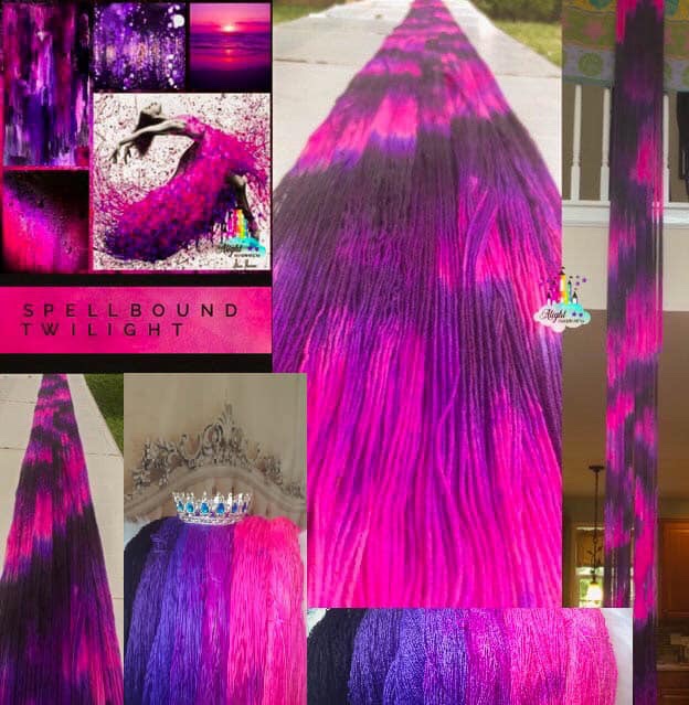 Photo ID: a collage of photos of beautiful pinks purples and black. Most photos show painted fabric while one shows a woman with a pink painted dress. There is an Alight castle watermark in the top right corner.