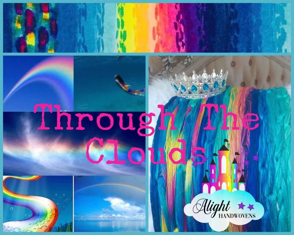 [Photo ID: A collage of pictures showing a hand sketched graduation of color at the top that is mostly blue in various shades, with a chain painted rainbow section and a hand painted rainbow grad area in the middle. Also included are a photo of the dyed yarn in chains which matches the hand drawn sketch and a collage showing blue skies, blue water, rainbows and clouds as well as a rainbow tailed mermaid swimming under water.