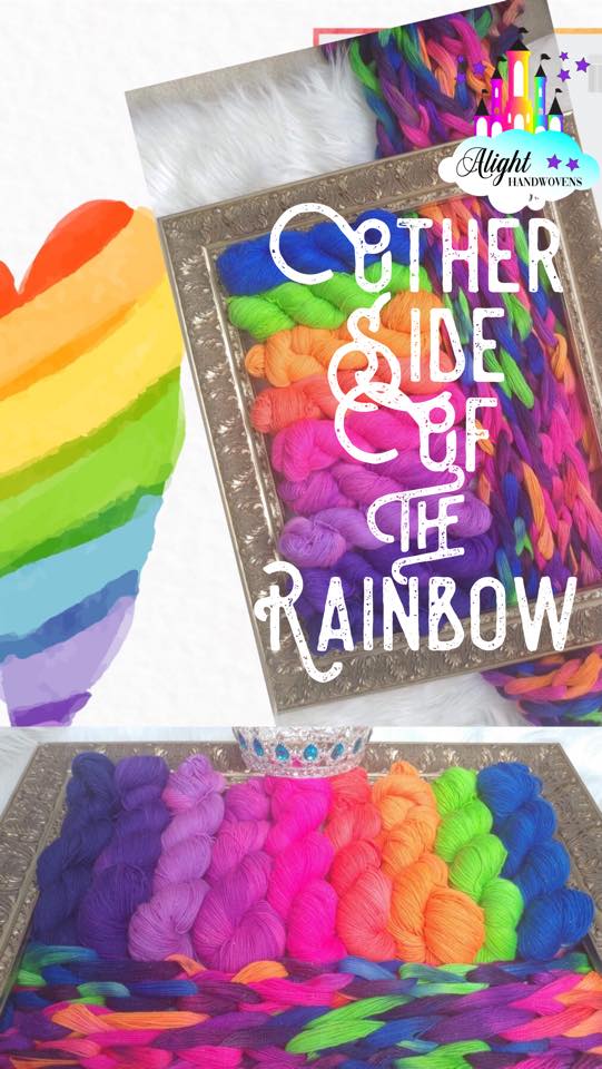 {photo ID, a collage showing a rainbow heart, and two gilded picture frames containing bright colored yarn in shades of orange, blue, green , pink, purple}