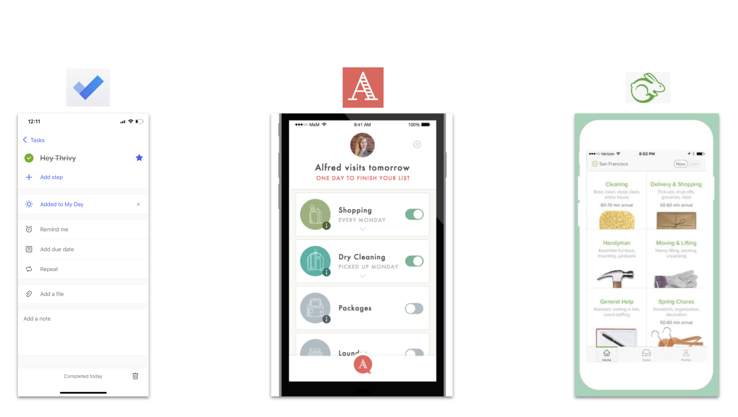 comparison image of Google tasks, HeyAlfred, and Taskrabbit