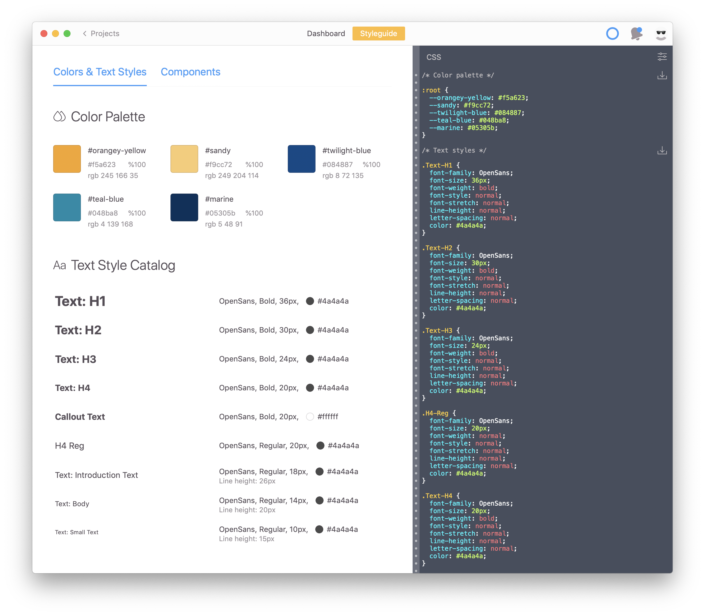color palette and CSS styleguide