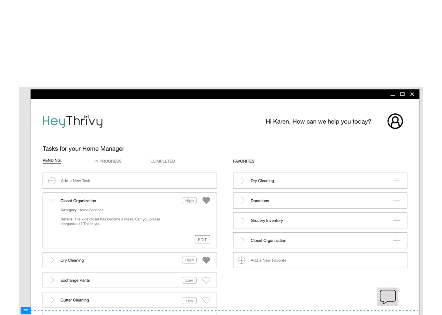 HeyThrivy Desktop dashboard wireframe