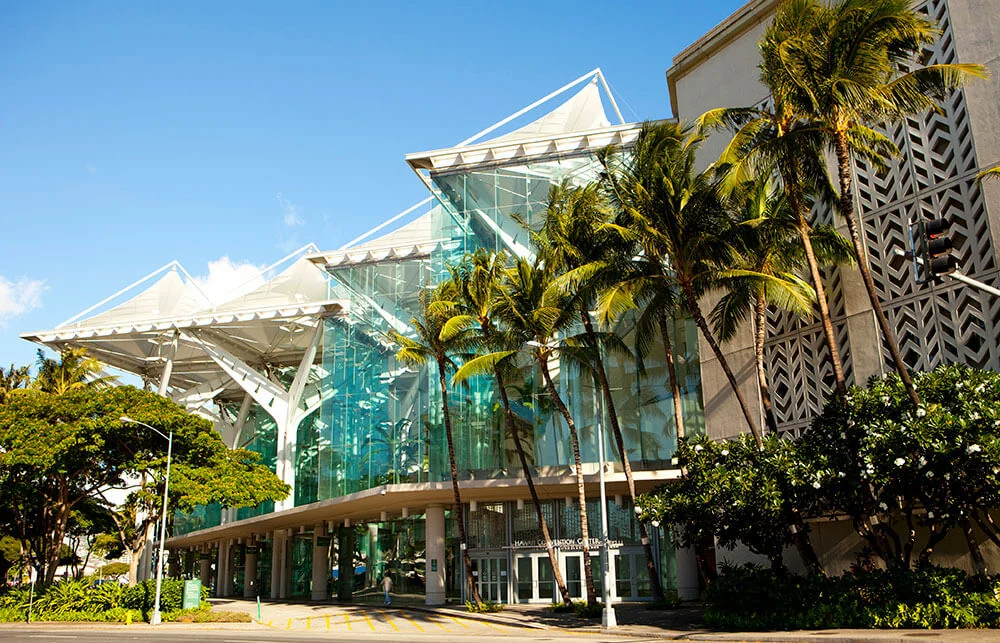 The Hawai‘i Convention Center on O‘ahu is the first and only “public assembly convention center” to earn Leadership in Energy and Environmental Design (LEED) v4 Gold Certification from the U.S. Green Building Council. (Dana Edmunds/Hawaii Tourism Authority)