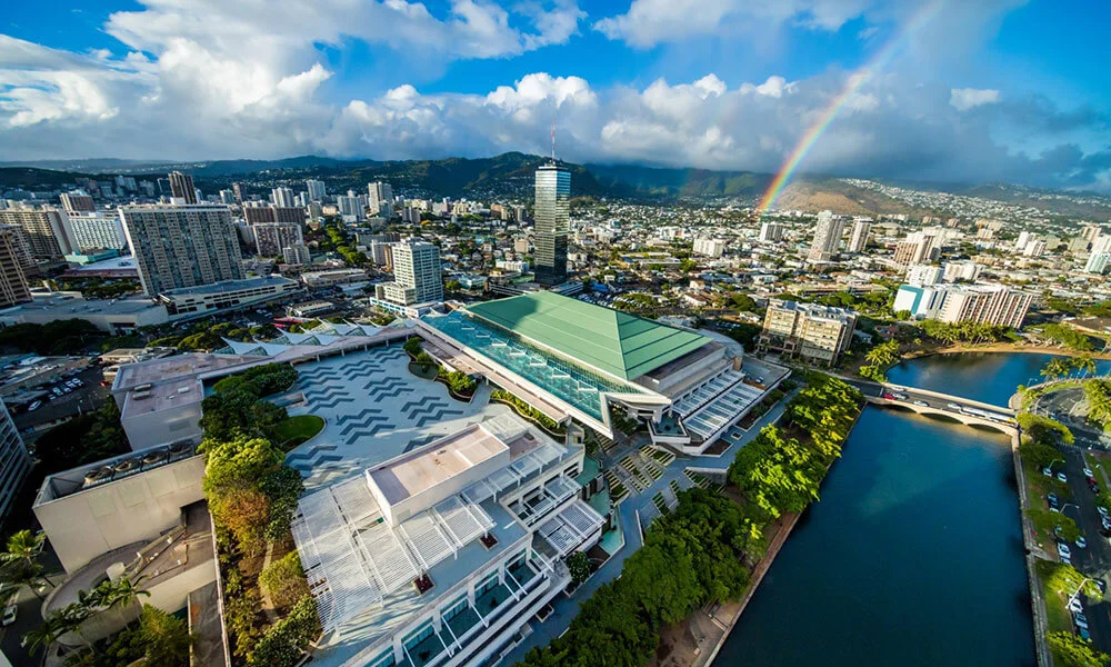 The Hawai‘i Convention Center offers 1.1 million square feet of event space, including a 35,000-square-foot ballroom and a 2.5-acre rooftop terrace. (Cameron Brooks)