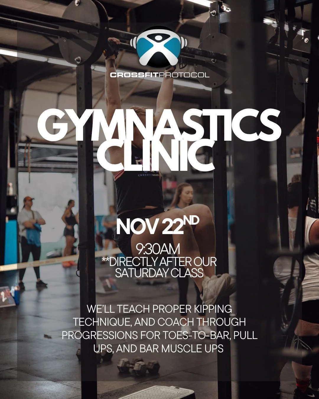 ⭐️ Gymnastics Clinic next Saturday ⭐️ 
Come join us for a skills clinic where we&rsquo;ll teach proper technique for gymnastics movements, coach progressions towards higher level movements, and correct form to improve efficiency in workouts. There&rs