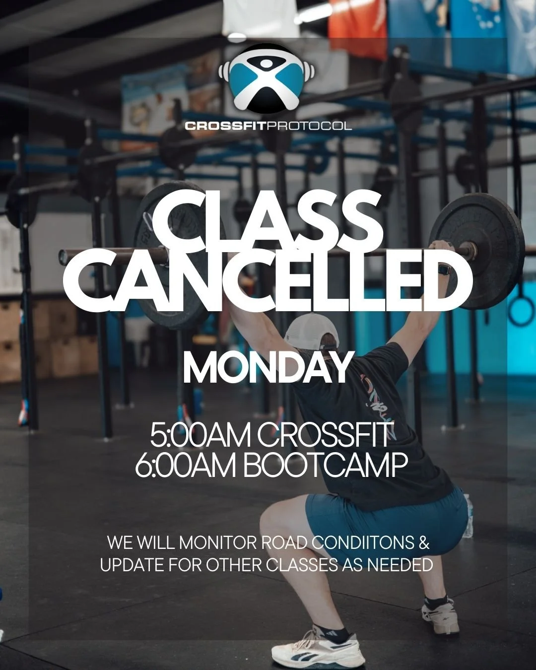 For the safety of our members and coaches our 5:00am CrossFit class is cancelled 🥶6:00am Bootcamp will be Tuesday, Wednesday, and Thursday this week. We'll Continue to monitor road conditions and update as needed for the 11:30am and afternoon classe