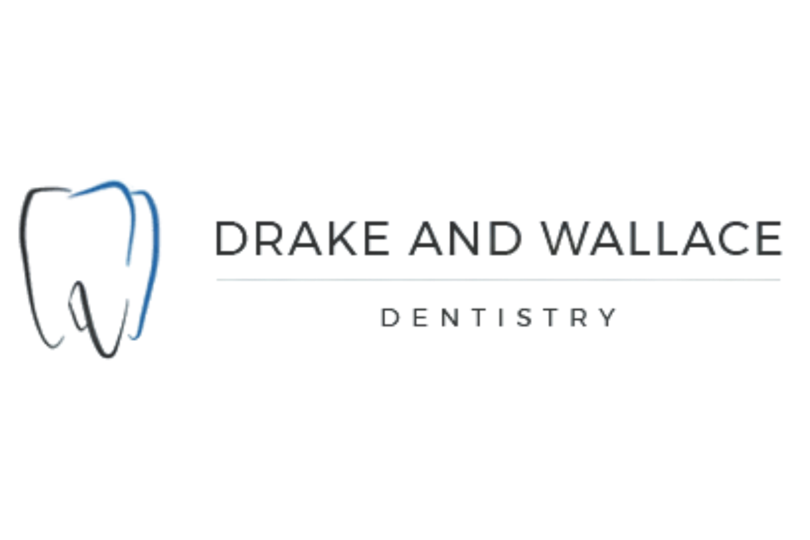 Logo for Drake and Wallace Dentistry with an outline of a tooth in blue and black, and the text "Drake and Wallace Dentistry" in black.