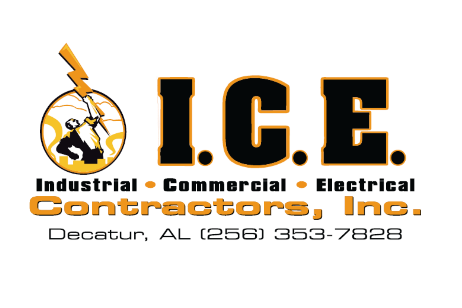 Logo for I.C.E. Contractors, Inc., featuring a worker with a helmet and tools, with text indicating industrial, commercial, and electrical services in Decatur, Alabama.