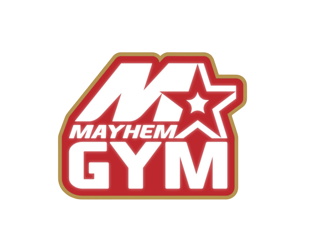 Mayhem Gym logo with bold letters, a star icon, and a red, white, and gold color scheme.