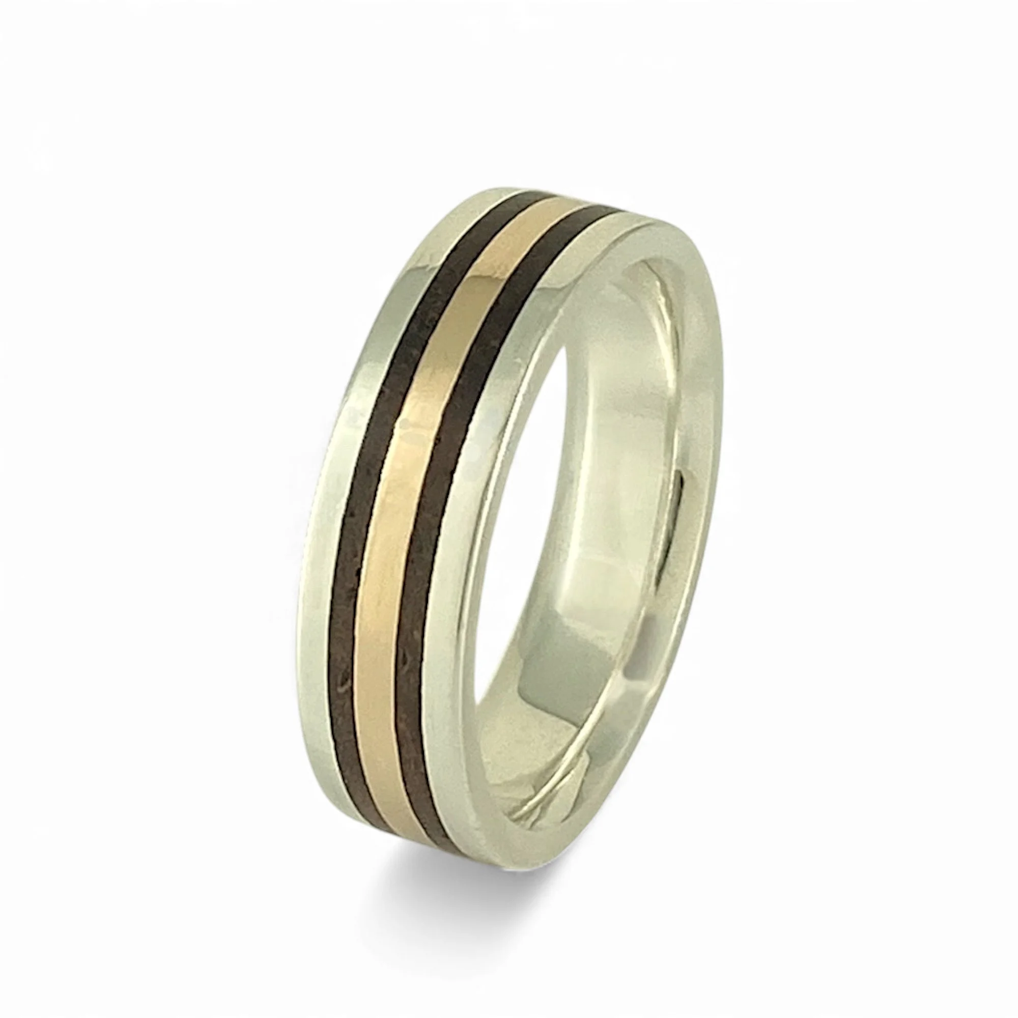 Cocobolo Wood Inlay Ring in 925 Silver with Wide Rose Gold Center Band